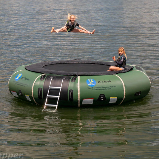 Island Hopper 15ft Classic natural green steel frame spring water trampoline floating on a lake