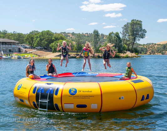 Island Hopper 20ft Acrobat yellow steel frame spring water trampoline floating on a lake
