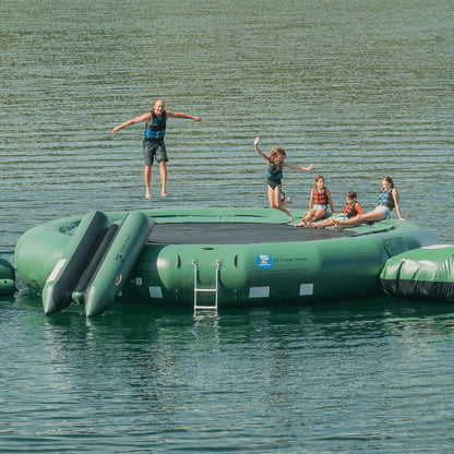Island Hopper 25ft Giant Jump natural green steel frame spring water trampoline floating on a lake