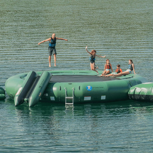 Island Hopper 25ft Giant Jump natural green steel frame spring water trampoline floating on a lake