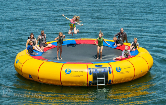 Island Hopper 25ft Giant Jump yellow steel frame spring water trampoline floating on a lake