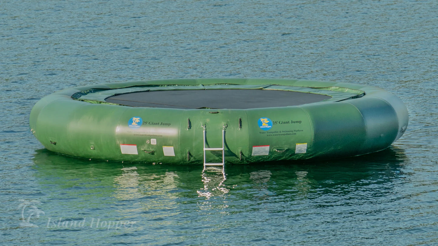 Island Hopper 25ft Giant Jump natural green water trampoline with galvanized steel frame 17.5ft jump surface and two entry ladders