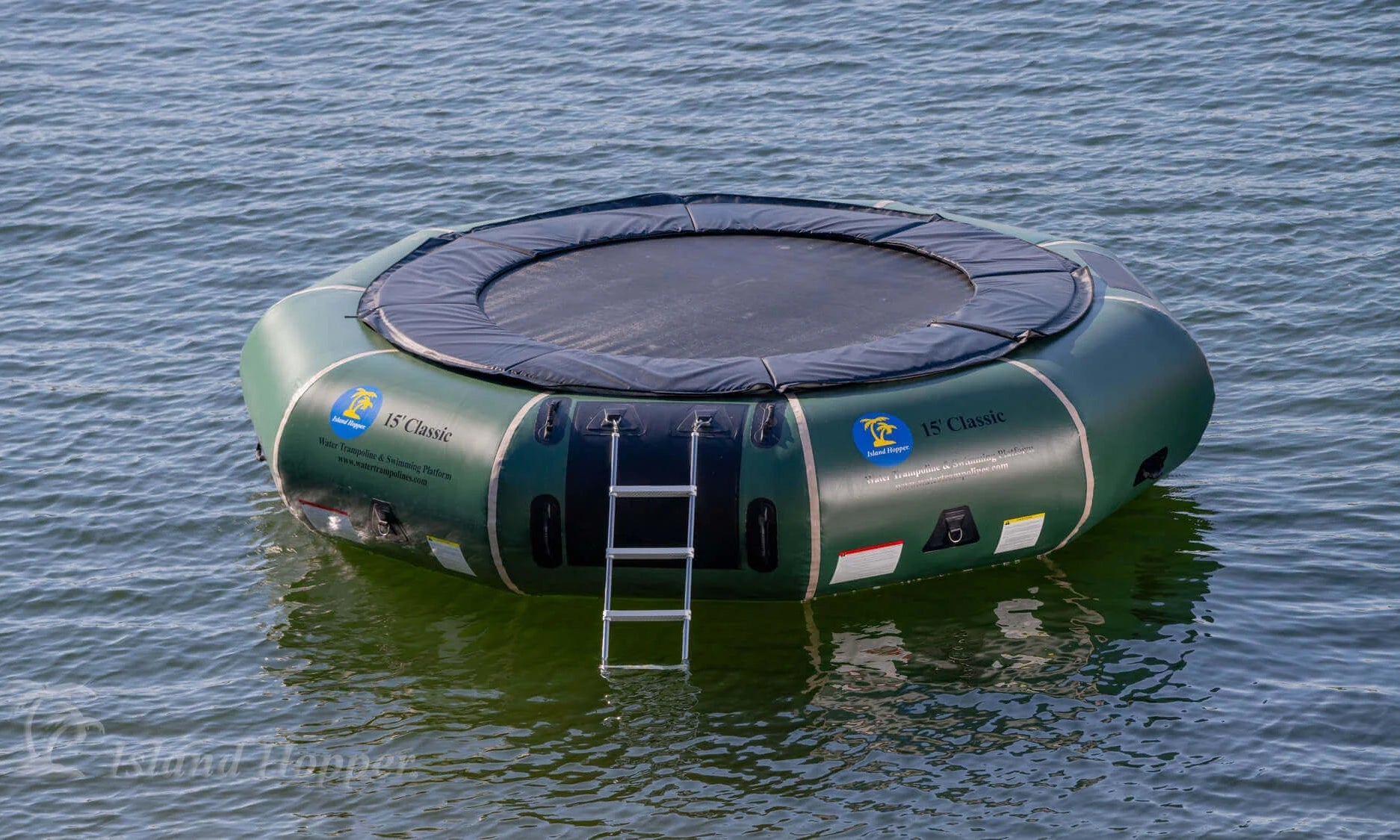 Island Hopper 15ft Classic natural green water trampoline with galvanized steel frame and aluminum entry ladder