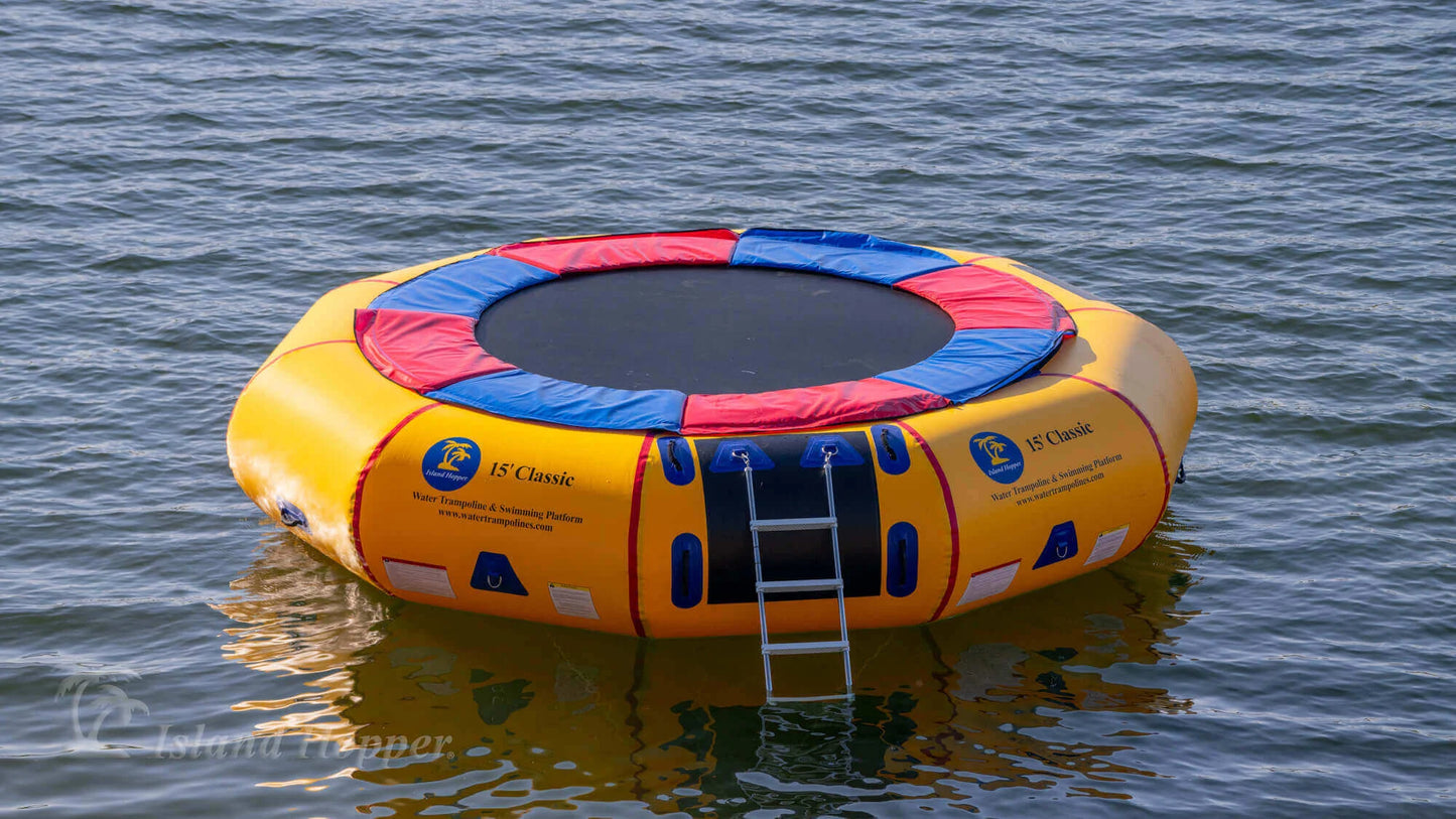 Island Hopper 15ft Classic floating lake trampoline with steel frame anchored in open water