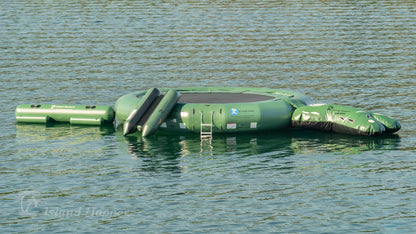 Island Hopper 25ft Giant Jump natural green floating lake trampoline with two boarding areas anchored in open water water park green