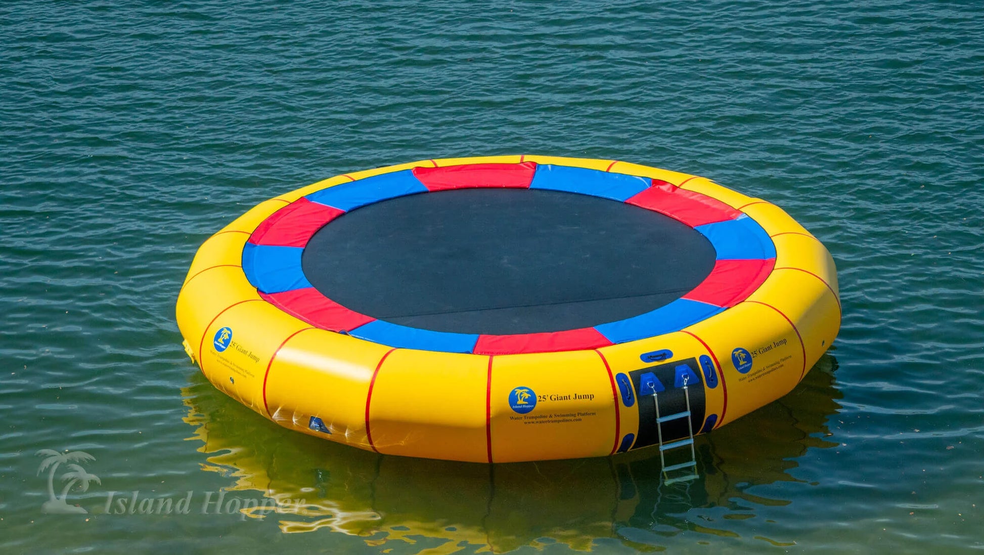Island Hopper 25ft Giant Jump yellow water trampoline with galvanized steel frame 17.5ft jump surface and two aluminum entry ladders