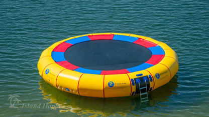 Island Hopper 25ft Giant Jump yellow water trampoline with galvanized steel frame 17.5ft jump surface and two aluminum entry ladders