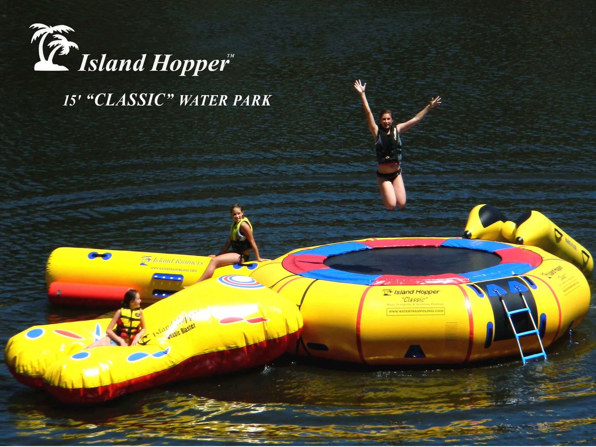 Family jumping on Island Hopper 15ft Classic water park