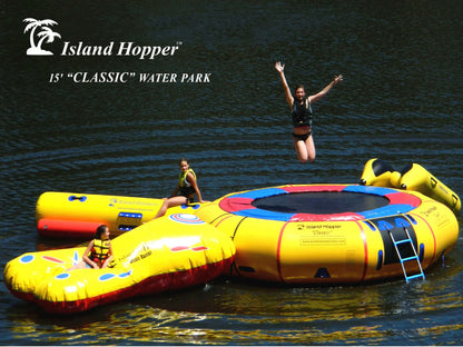 Family jumping on Island Hopper 15ft Classic water park