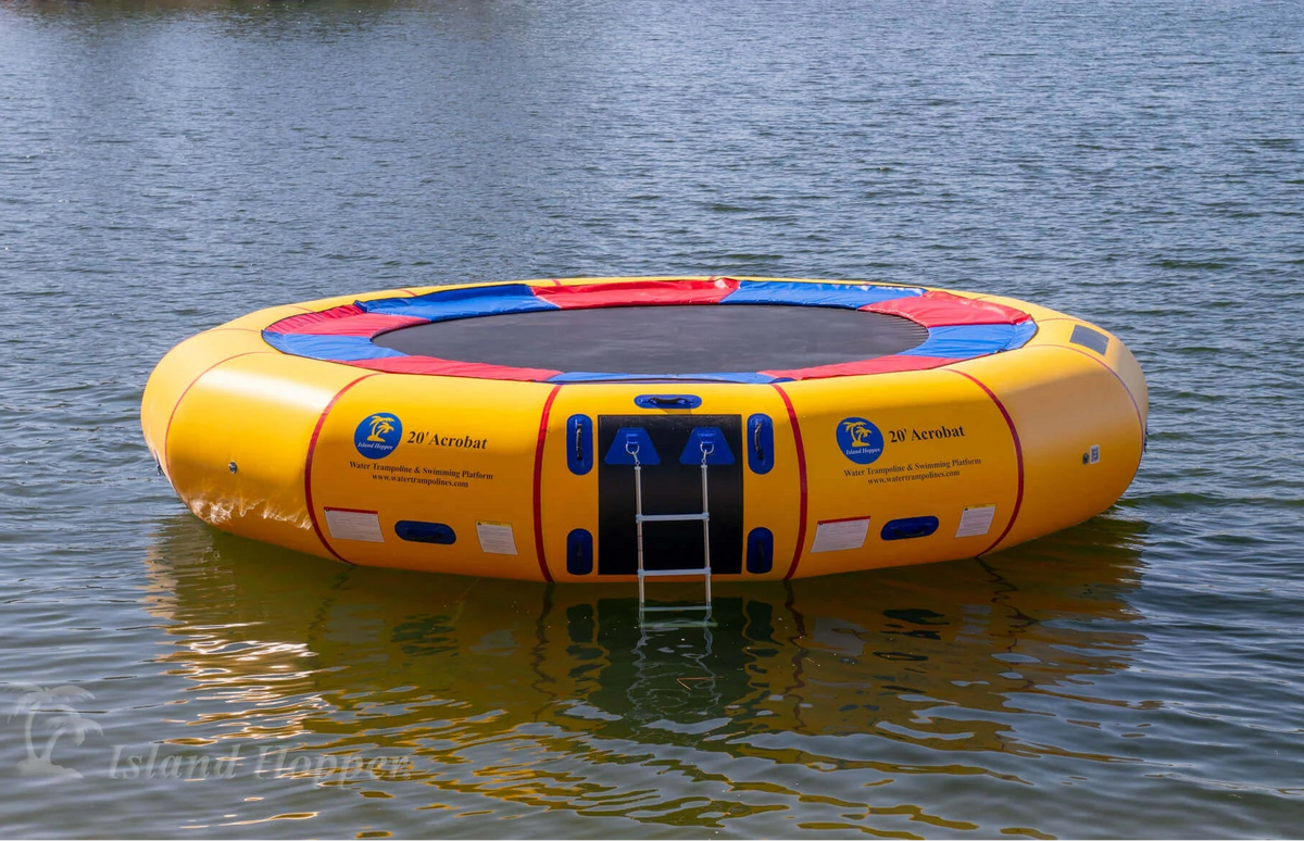 Island Hopper 20ft Acrobat yellow water trampoline with galvanized steel frame 14ft jump surface and aluminum entry ladder