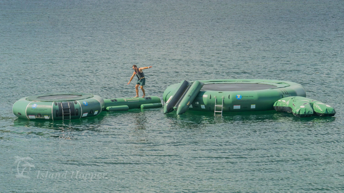 Island Hopper 25ft Giant Jump natural green floating lake trampoline with 15ft classic natural green water park setup
