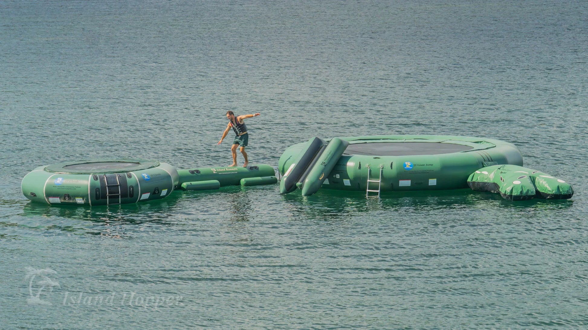 Island Hopper 25ft Giant Jump natural green floating lake trampoline with 15ft classic natural green water park setup