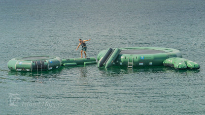 Island Hopper 25ft Giant Jump natural green floating lake trampoline with 15ft classic natural green water park setup