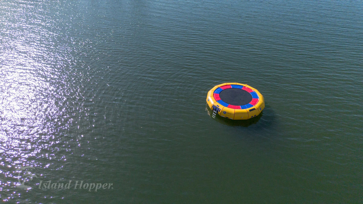Island Hopper 20ft Acrobat floating lake trampoline with steel frame anchored in open water