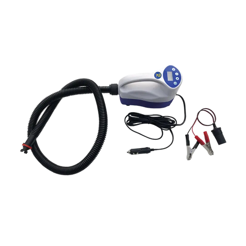 12V electric paddle board pump with 15 PSI auto shut-off, hose, power-port plug, and battery clips