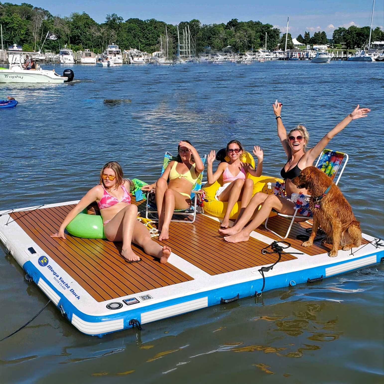 Island Hopper Mega Yacht Dock 10 x 10 ft inflatable water island platform with rubber corner bumpers on lake