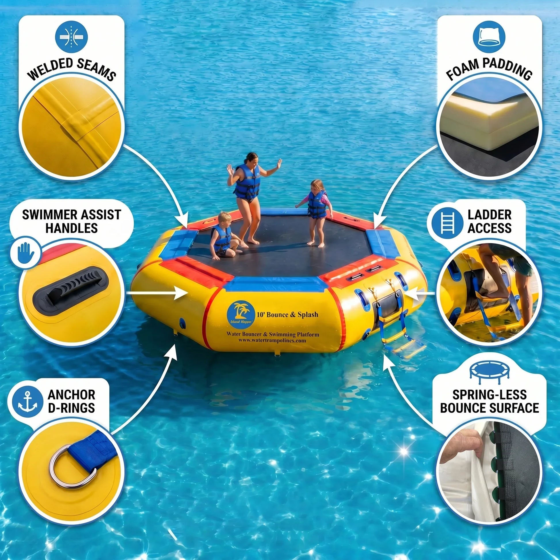 Island Hopper 10ft Bounce N Splash yellow springless water trampoline water bouncer with nylon webbing bounce surface