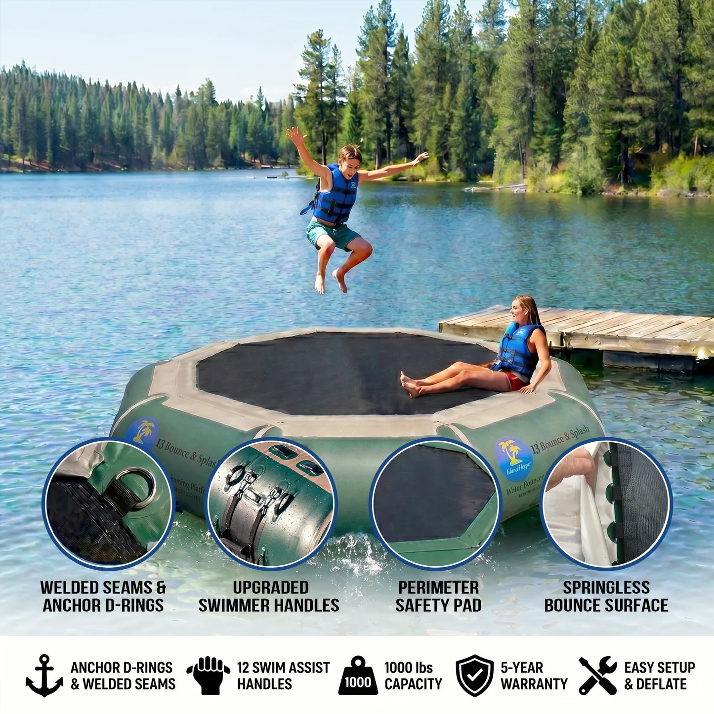 Island Hopper 13ft Natural Green springless water trampoline water bouncer with nylon webbing bounce surface