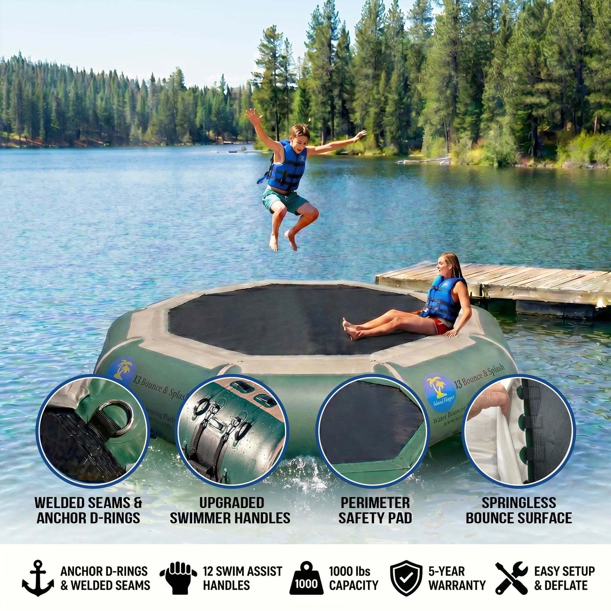 Island Hopper 13ft Natural Green springless water trampoline water bouncer with nylon webbing bounce surface