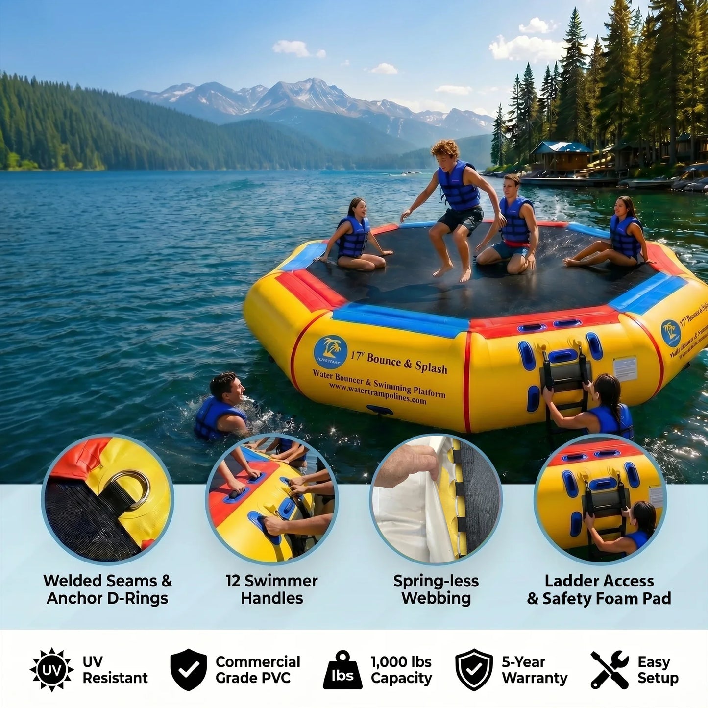 Island Hopper 17ft Bounce N Splash yellow springless water trampoline water bouncer showing 12 swimmer-assist handles