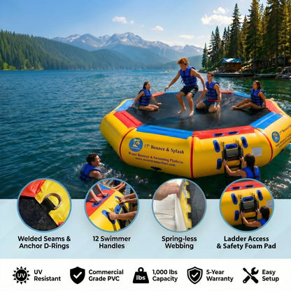 Island Hopper 17ft Bounce N Splash yellow springless water trampoline water bouncer showing 12 swimmer-assist handles