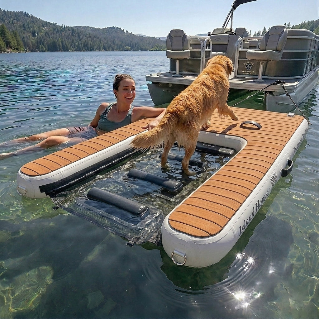 Island Hopper inflatable lake dock in use — Boarding Buddy on open water