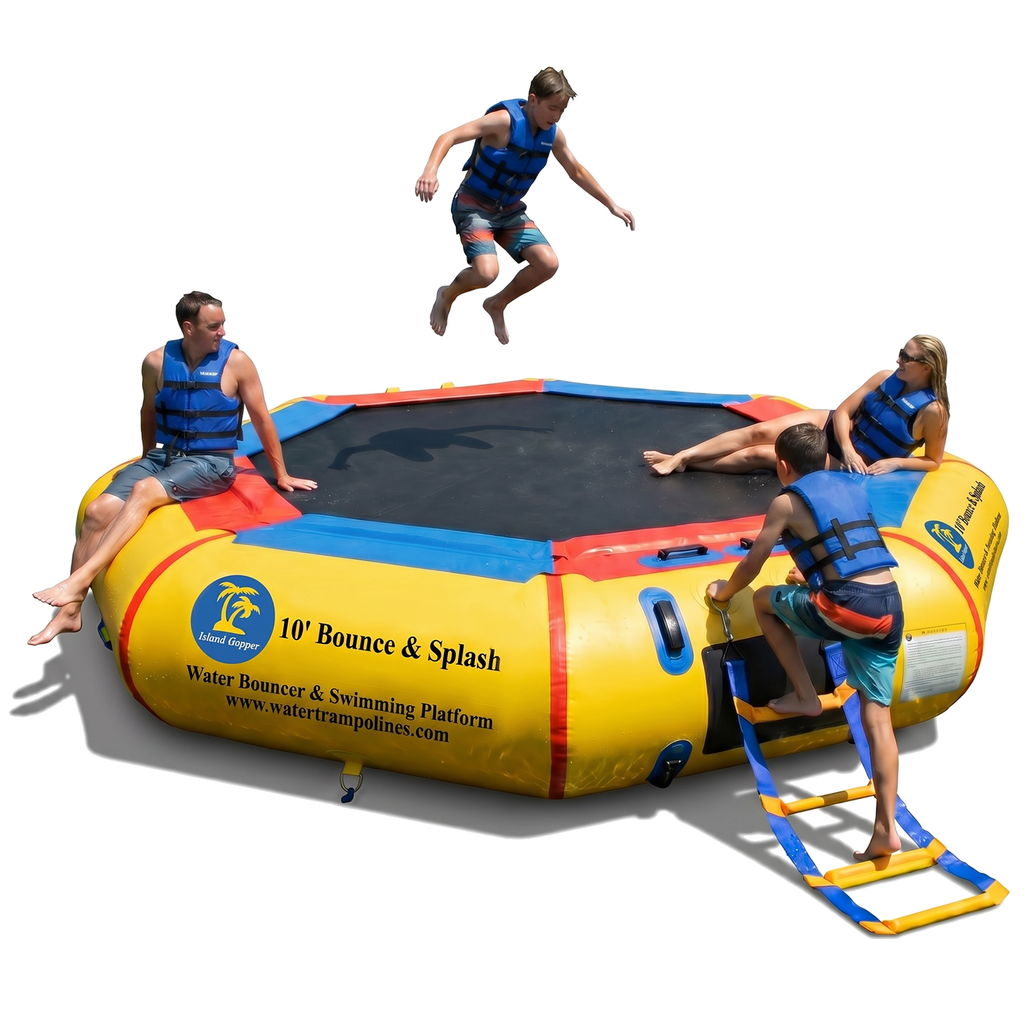 Island Hopper 10ft Bounce N Splash springless water trampoline water bouncer inflated and anchored on a lake