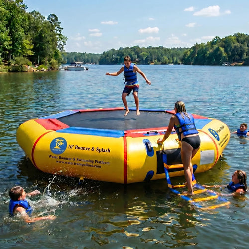 Family using Island Hopper 10ft Bounce N Splash springless water trampoline water bouncer on the lake