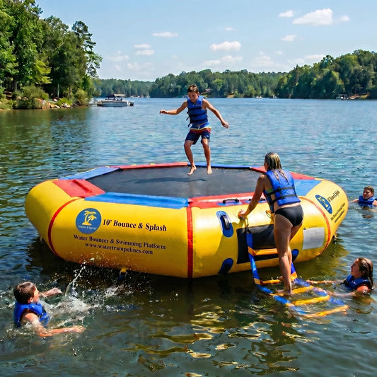 Family using Island Hopper 10ft Bounce N Splash springless water trampoline water bouncer on the lake