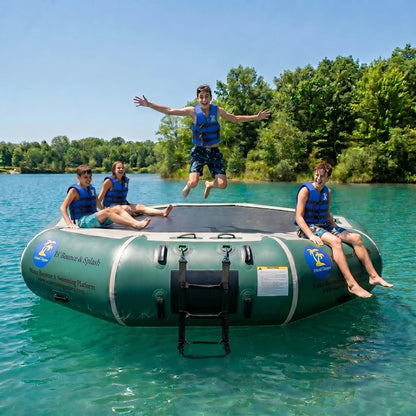 Family enjoying Island Hopper 13ft Natural Green springless water trampoline water bouncer at a lake cabin
