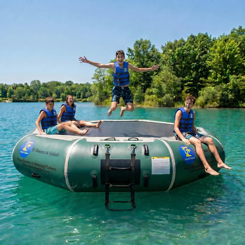 Family enjoying Island Hopper 13ft Natural Green springless water trampoline water bouncer at a lake cabin
