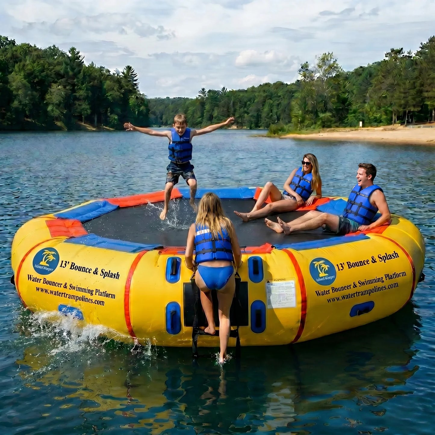 Family of four on Island Hopper 13ft Bounce N Splash springless water trampoline water bouncer at a lake