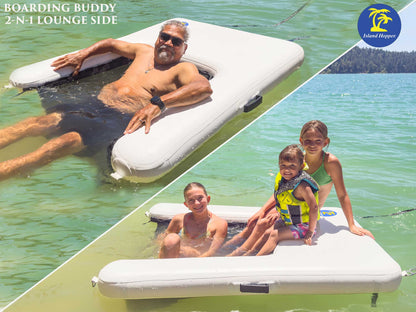 Island Hopper Boarding Buddy inflatable floating dock — lounge flip side with bucket net seat