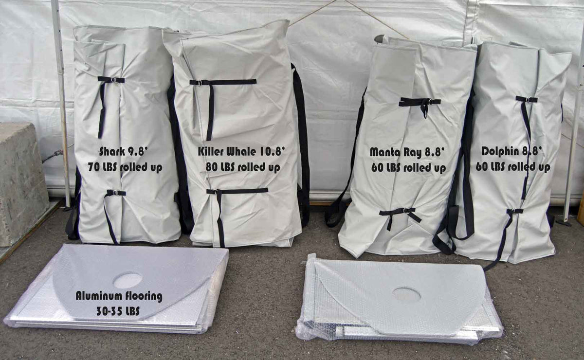 Deflated inflatable dinghy packed in a heavy duty storage bag