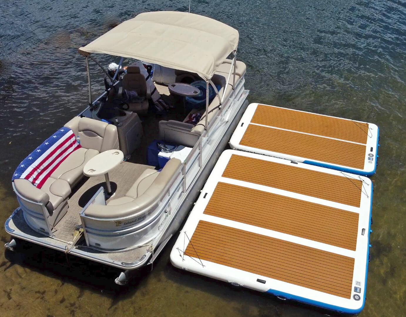 Island Hopper Mega Yacht Dock rubber corner bumpers commercial-grade inflatable lake island platform