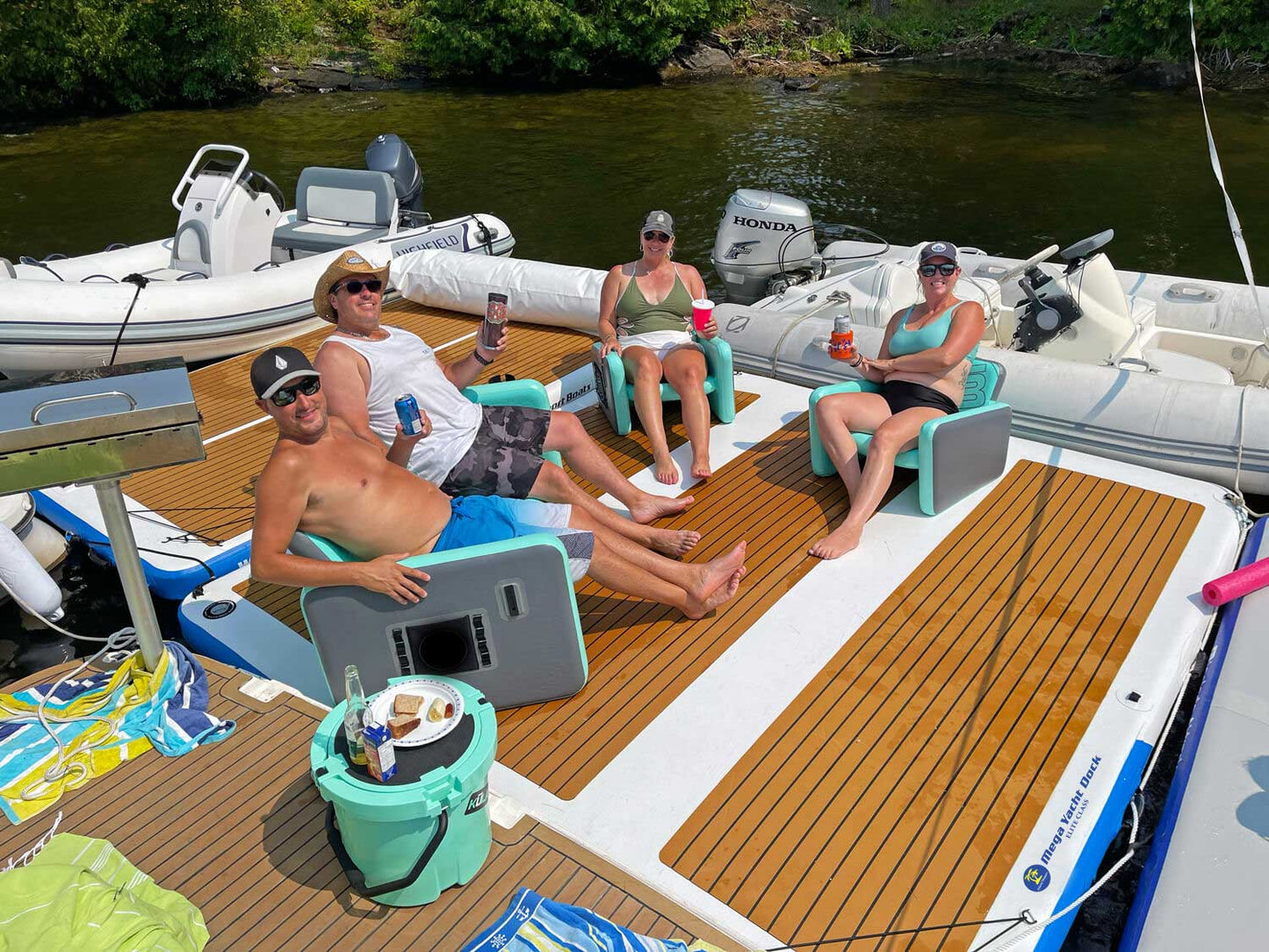 Island Hopper Mega Yacht Dock 10 x 10 ft inflatable water island platform for the whole family to tie up too