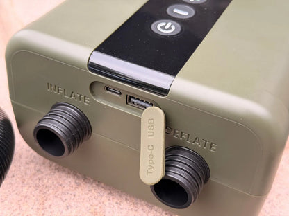 Inflate and deflate ports with USB-C charging and USB output on a rechargeable air pump