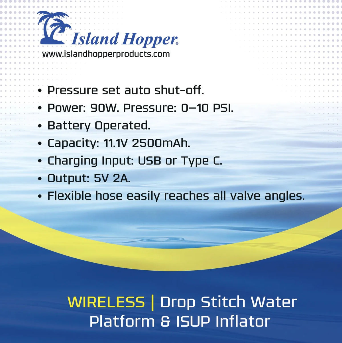 Wireless 10 PSI pump specifications: 90W, 0 to 10 PSI, 11.1V 2500mAh battery, USB-C charging