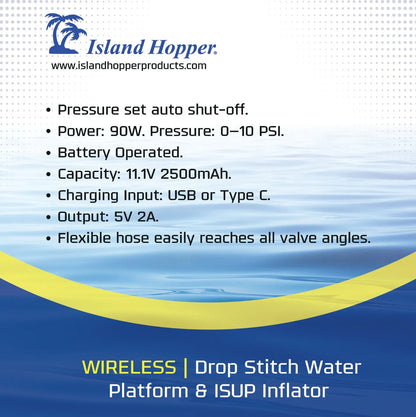 Wireless 10 PSI pump specifications: 90W, 0 to 10 PSI, 11.1V 2500mAh battery, USB-C charging